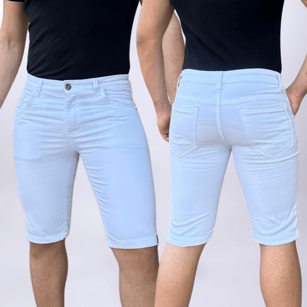 Bermuda Branca Short Masculino Bolso Relógio Sarja Brim Premium Color Casual Com Lycra