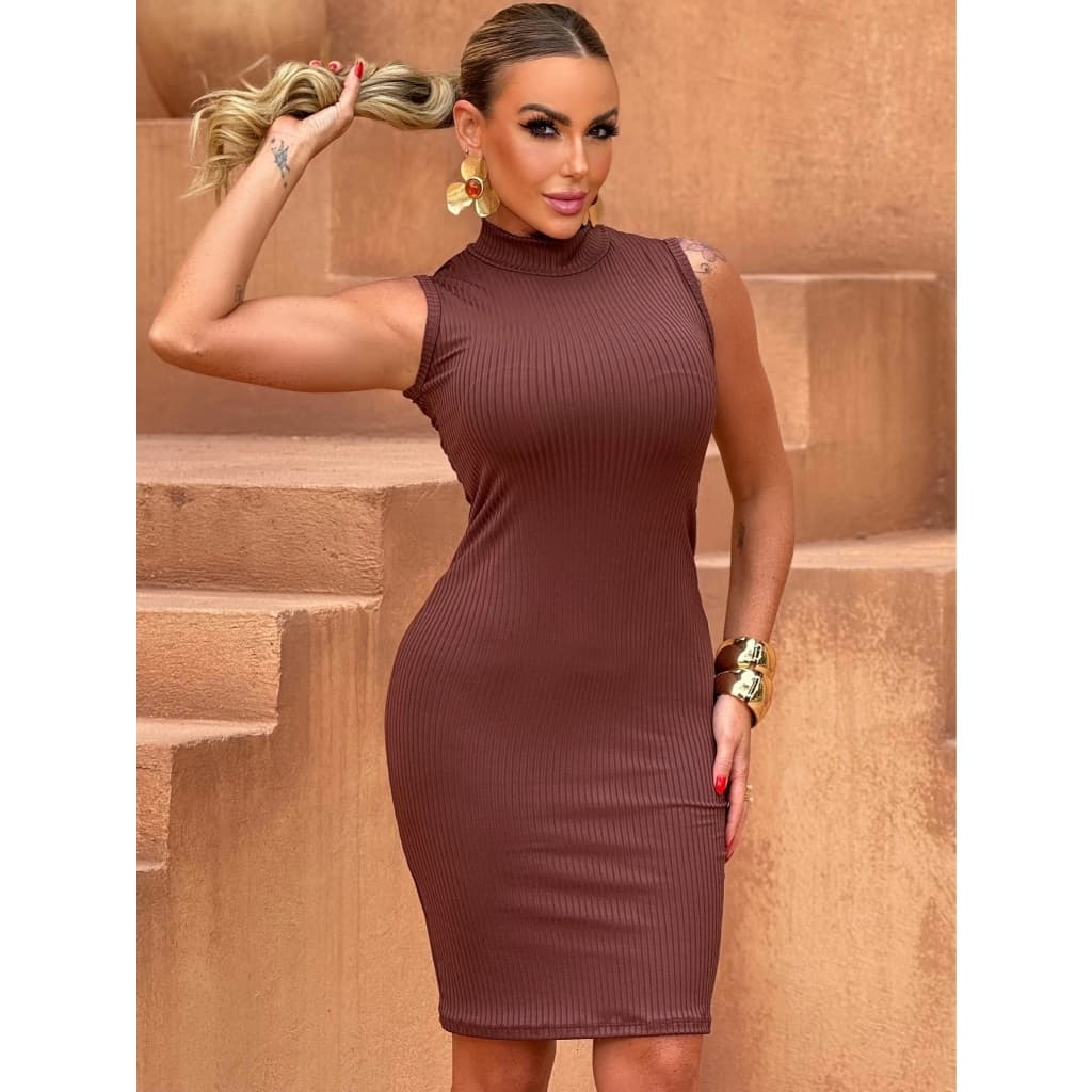 Vestido feminino gola alta midi tubinho regata em Malha Canelada Premium elegante festa básico verão look natal ano novo