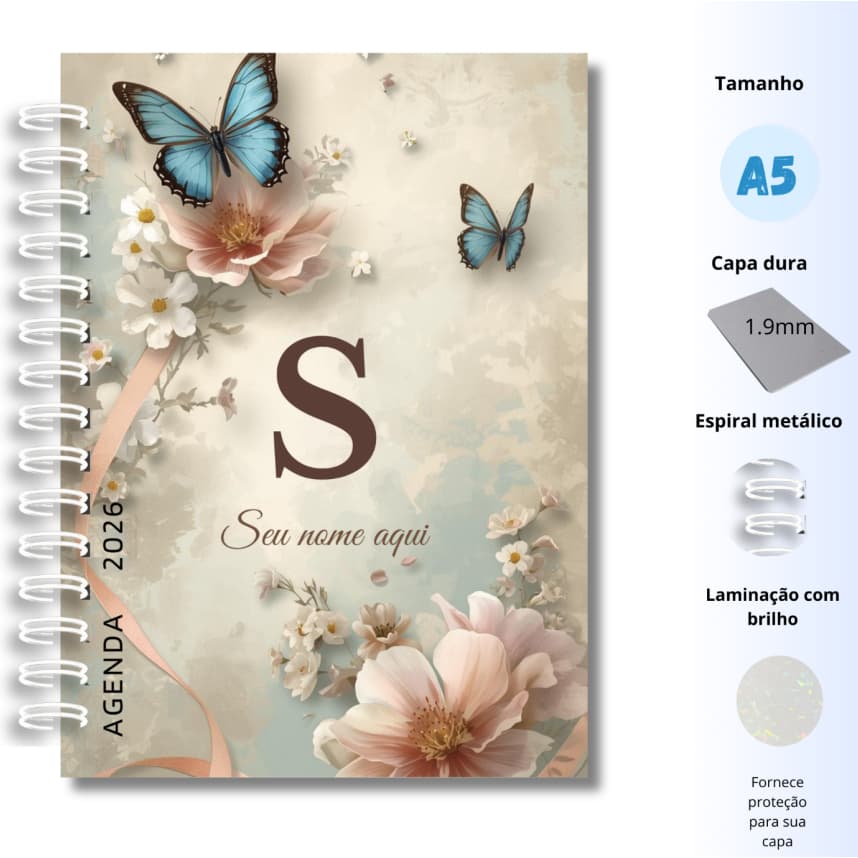 Agenda personalizada 2026 -Sua arte- 1 dia por página- Capa dura A5- feminina e masculina