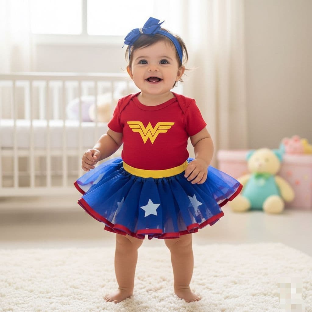 Conjunto Body Bebê Mulher Maravilha + Acessório Temático Mesversário Menina Heroína DC