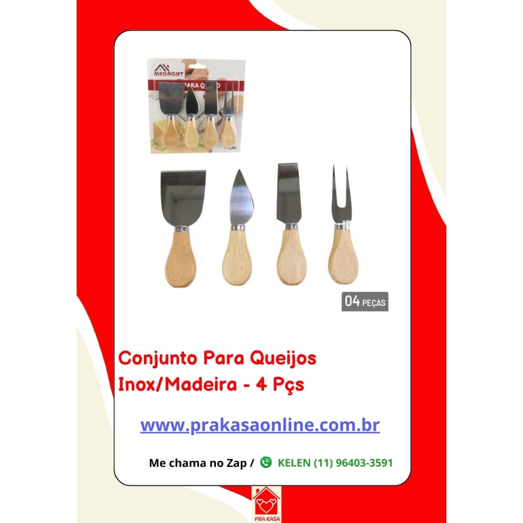 Kit 4 Peças para Queijo Inox e Madeira - Facas, Espátulas e Garfo