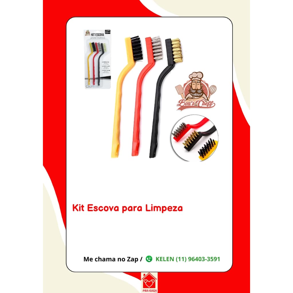 Kit Escovas Limpeza Cerdas em Aço, Latão e Nylon Grelha Cantinho - 3 peças