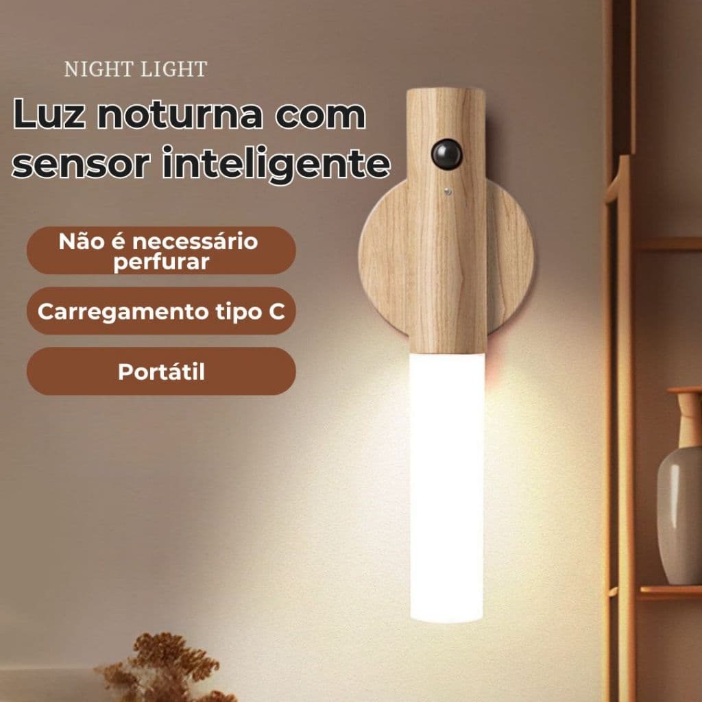 KIT1/2 Luminaria Luz Led Recarregável Sensor de Movimento Arandela de Madeira Minimalista Para Mesa Parede