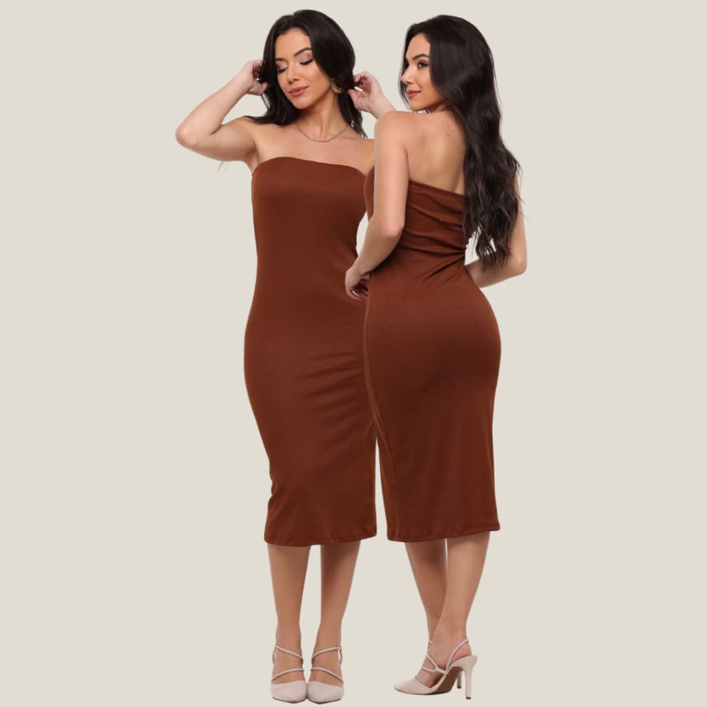 KIT 2 Vestido Midi Tomara que Caia com Bojo – Justo, Canelado e Estiloso
