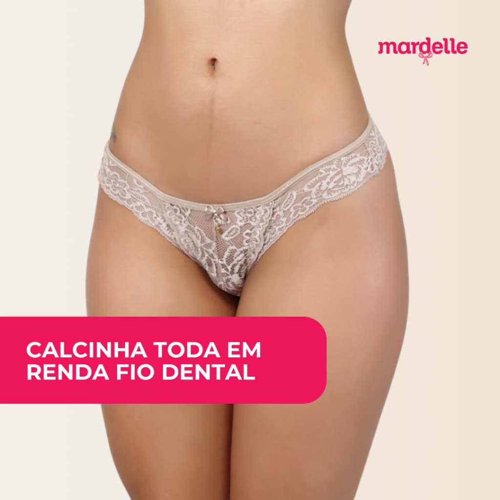 Calcinha Toda Em Renda Fio Dental Sensual Bege Nude