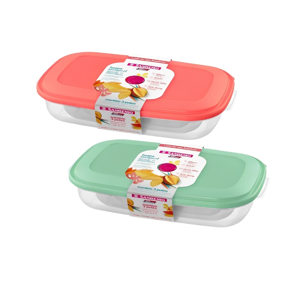 3 Potes Herméticos de Plástico Retangulares 650ml 1,45l 2,8l Tampa Reversível BPA Free