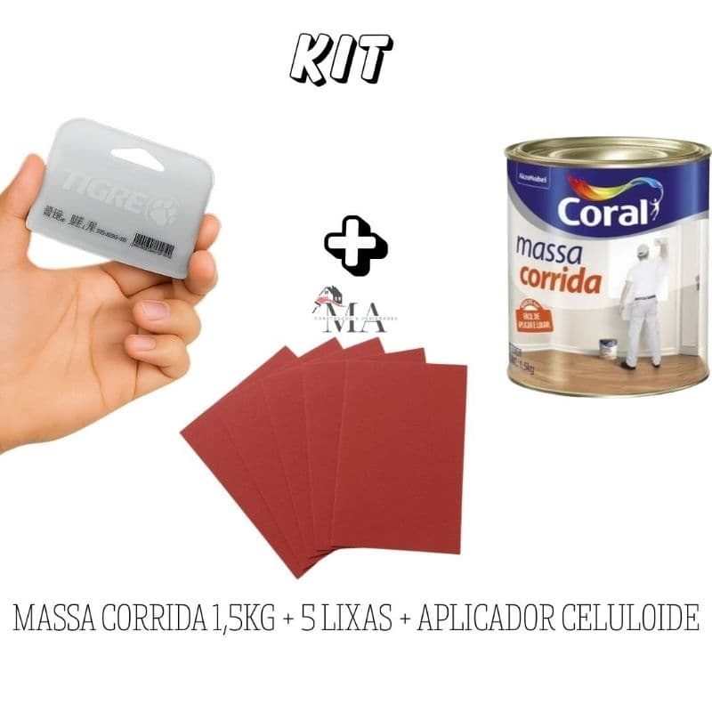 Kit Massa Corrida ou Massa Acrílica 1,5kg Coral, Aplicador Celuloide e 5 Lixas Massa/Parede 150