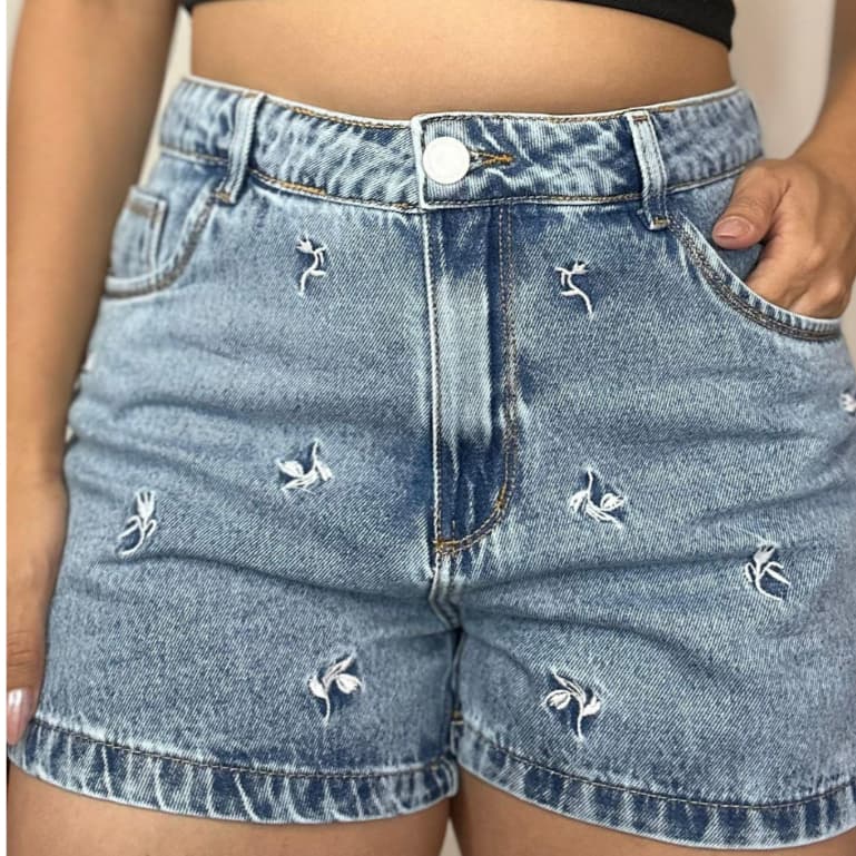 Short Jeans Feminino Bordado Sem Lycra Alto Padrão