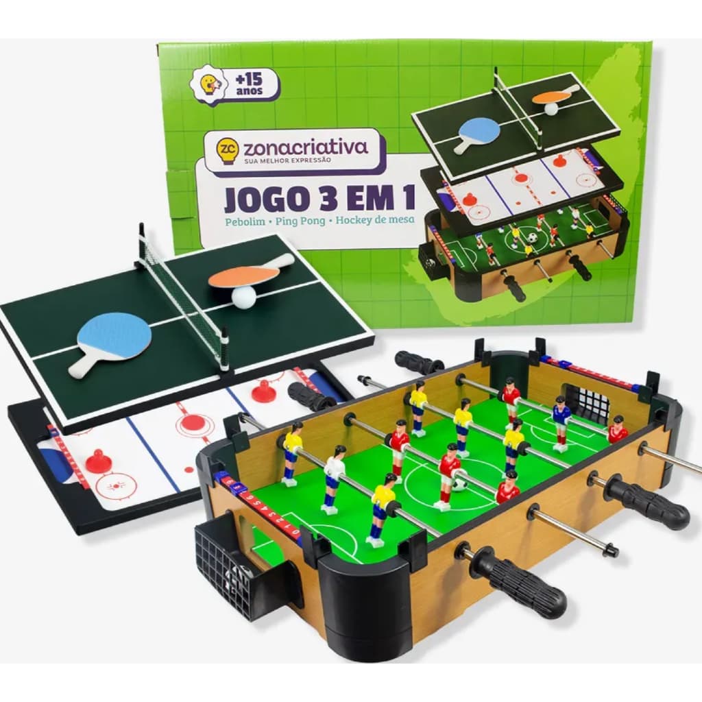 Zona Criativa Mesa de Jogos 3 em 1 Hockey Air Pebolim e Ping Pong