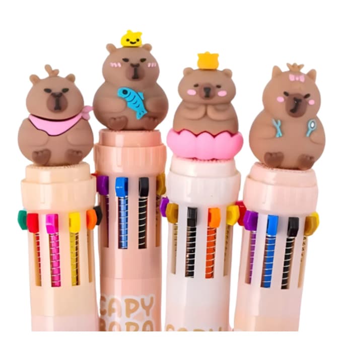 Kit com 3 Canetas Capivara Multicolorido Papelaria 10 Cores