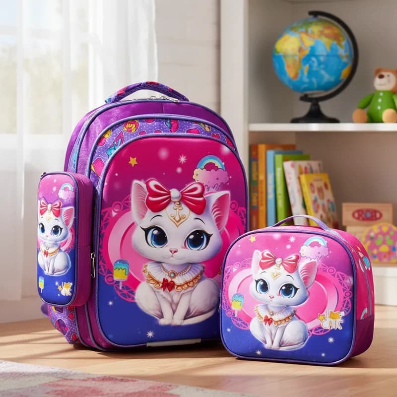 Kit Escolar Menino e Menina Mochila 3D com led + Estojo 3D + Lancheira 3D Térmica Kit 3 Peças volta as aulas