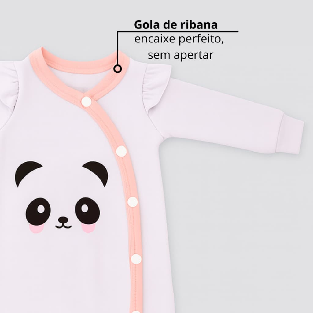 Macacão Bebê Suedine Premium Panda - Manga com Babado – 100% Algodão, Botões de Pressão