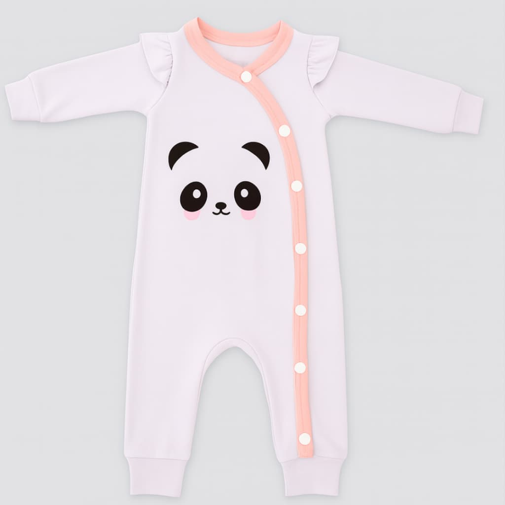 Macacão Bebê Menina Suedine 100% Algodão Antialérgico – Estampa Panda – RN a 12 meses