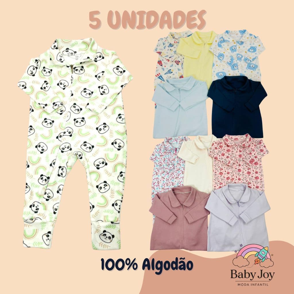 Kit 5 Macacão Longo Bebê Ribana Estampada Algodão com Zíper Menina Menino Top Envio Imediato