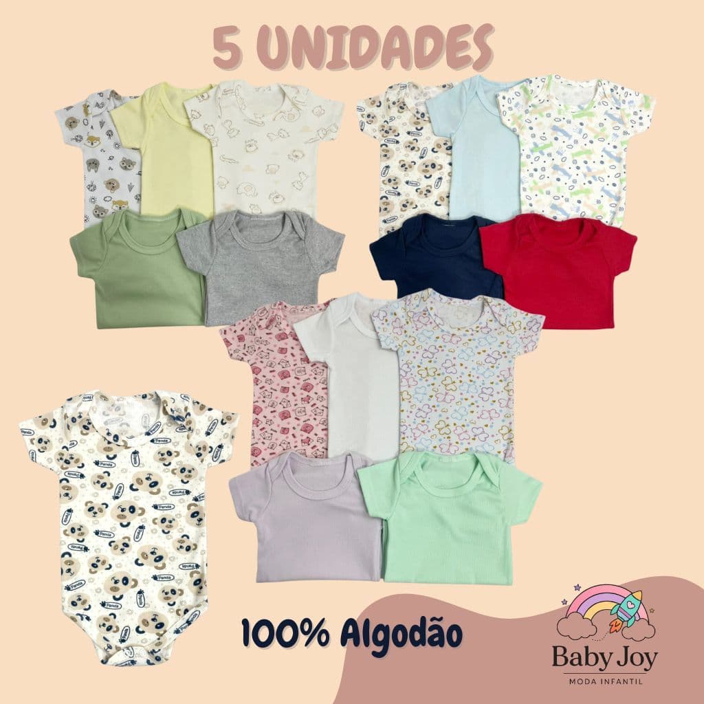 Kit 5 Body Ribana Estampada Bebe Menino/Menina Algodão Conforto de Alta Qualidade Básico
