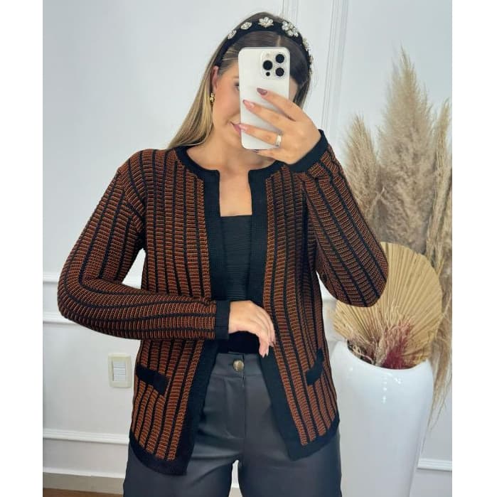 Casaco de Frio Aberto Curto Feminino de Tricot Jacquard  Manga Longa Elegante Moda Inverno
