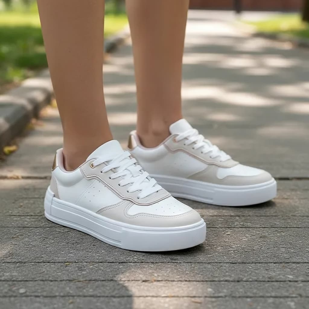 Tênis Casual Feminino Branco Com Detalhes Nude Confortável