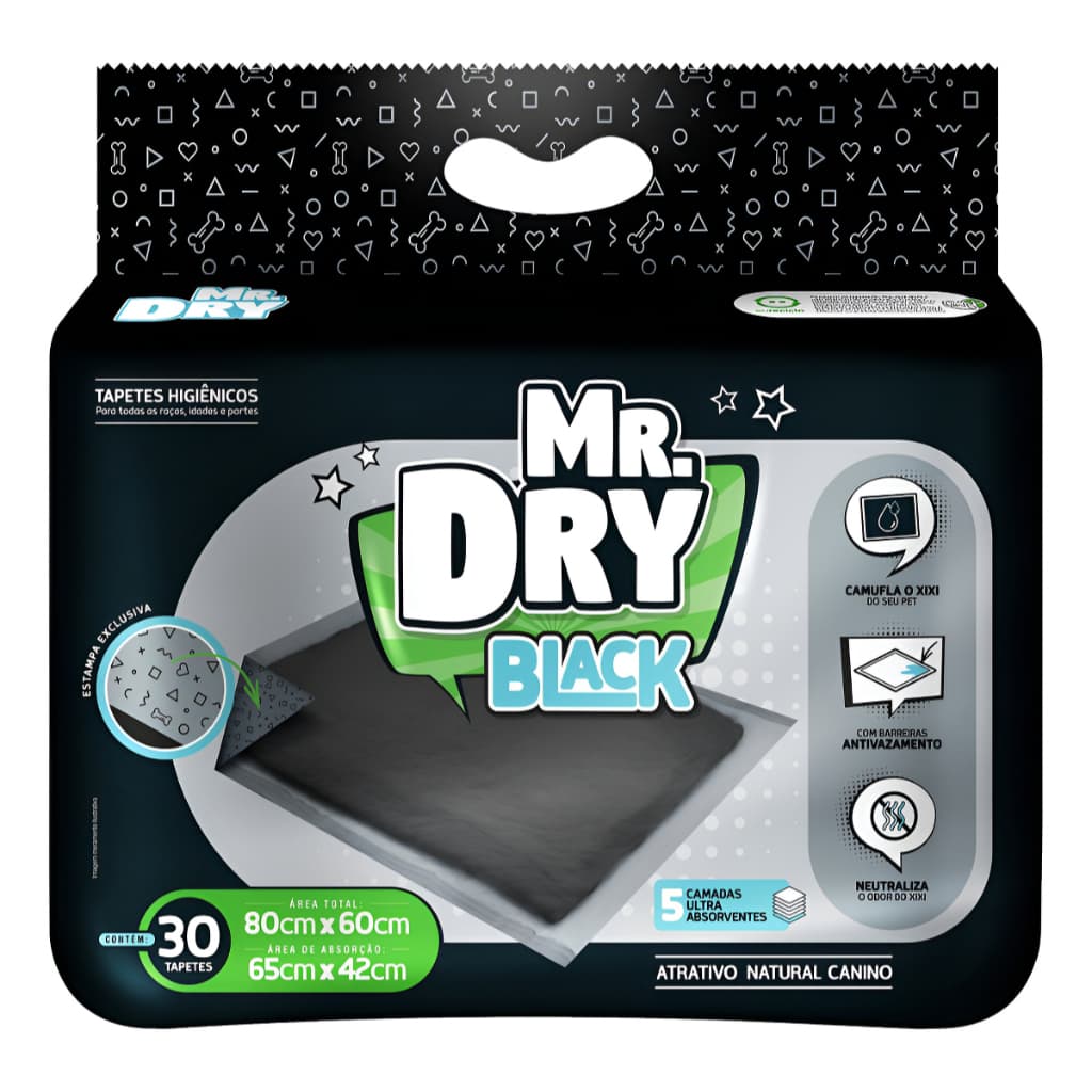 Tapete Higiênico Mr Dry Black 80x60 Super Absorvente 5 Camadas Anti Odor Antivazamento Cachorro