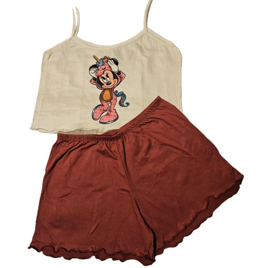 Pijama Feminino Cropped Conjunto Babado Regata Desenho Divertido Short Doll Suede Baby Doll LF021