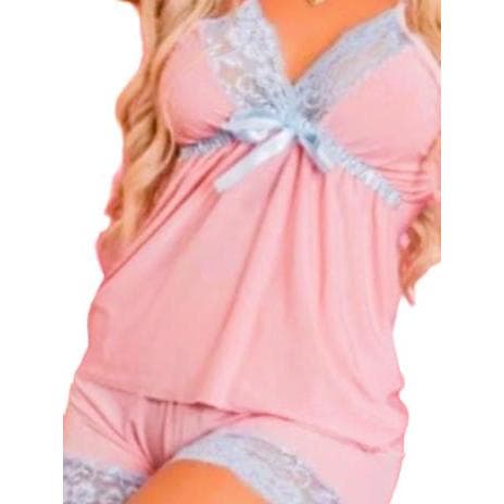 Pijama Feminino Malha Fria Decote Alça Regulável Barra Rendada Baby Doll Short Doll LF024