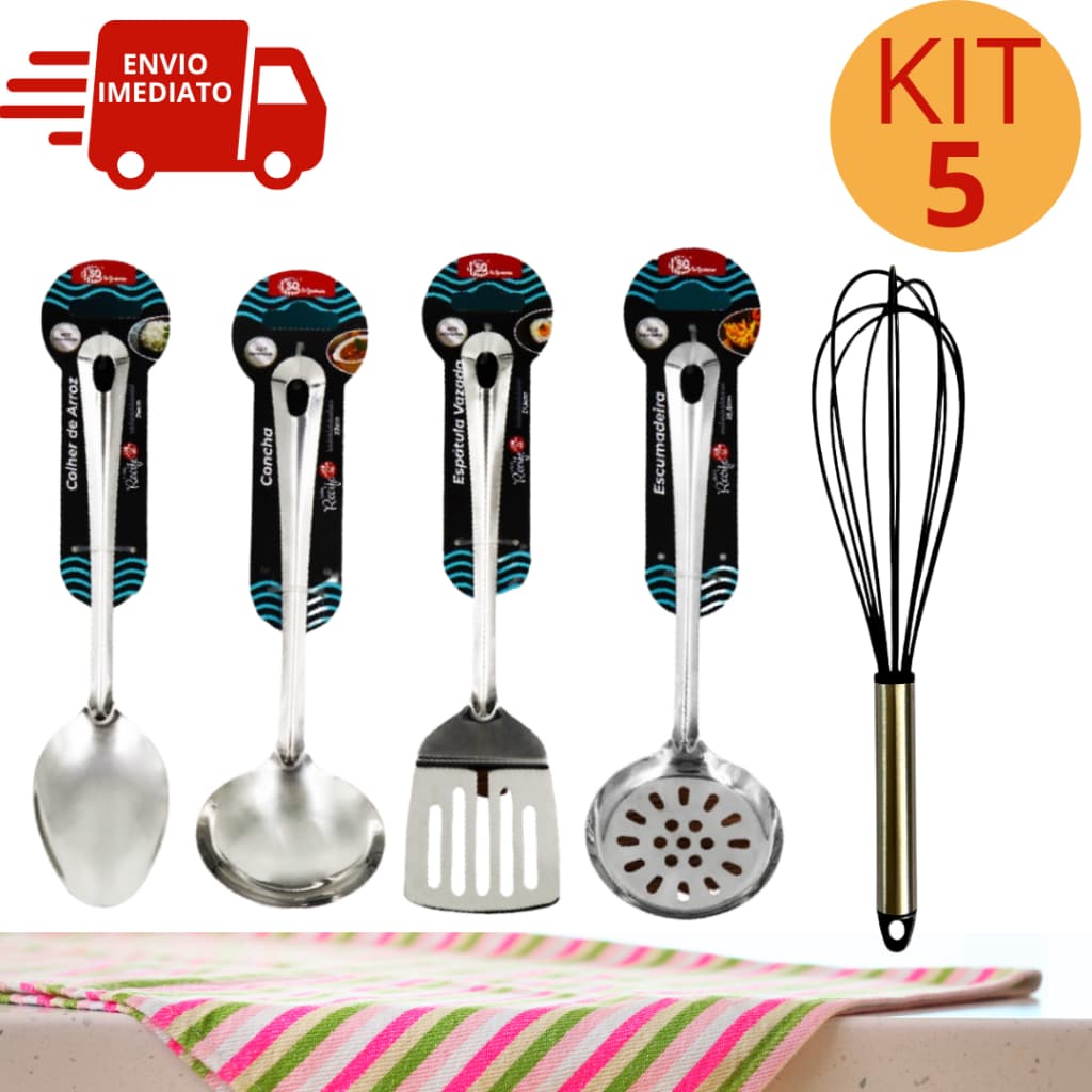 Kit 5 Utensílios de Inox Colher + Concha + Escumadeira + Espátula Vazada + Batedor Fuet Cozinha