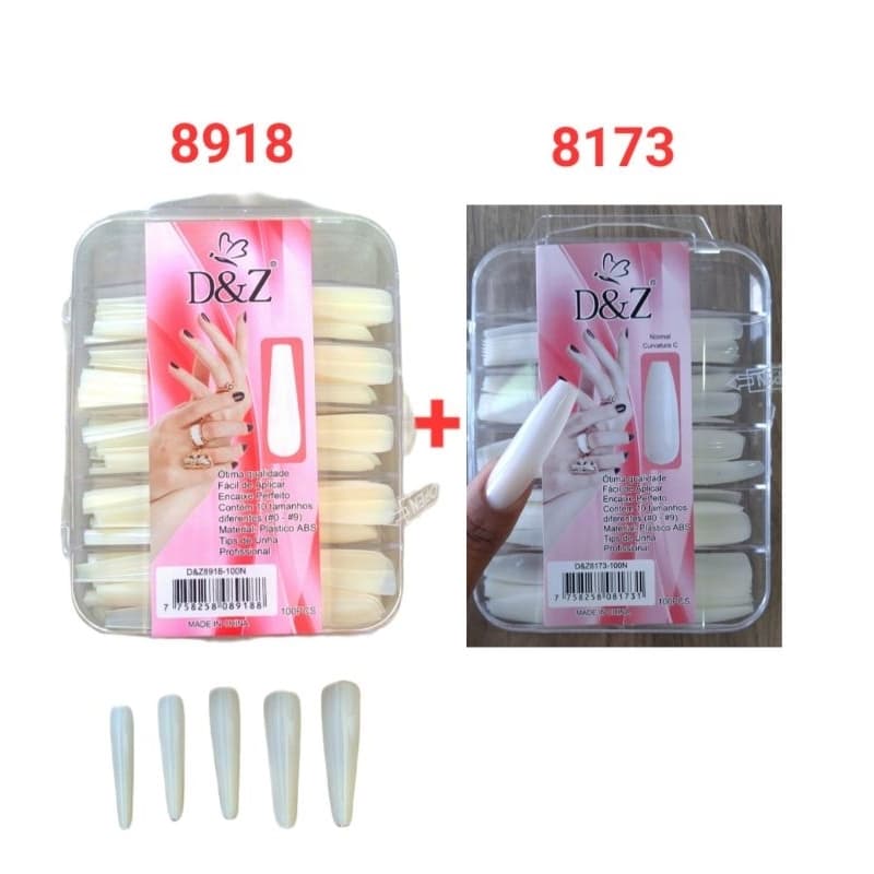 KIT 200 Unhas Postiças Bailarina Leitosa D&Z - kit 2 caixas com 100 peças cada. Alongamento Unhas Feminina Beleza