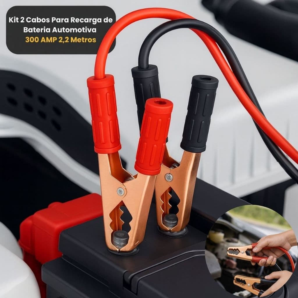 Cabos Chupeta Partida Bateria Carro Moto Automotivo Alta Corrente 300AMP Par 2 Unidades 2.2M Reforçado  Emergência