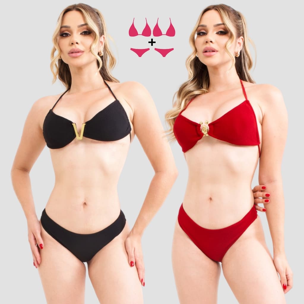 Kit 2 Biquíni Feminino de Fivela com Bojo Estruturado Detalhe Dourado Luxo