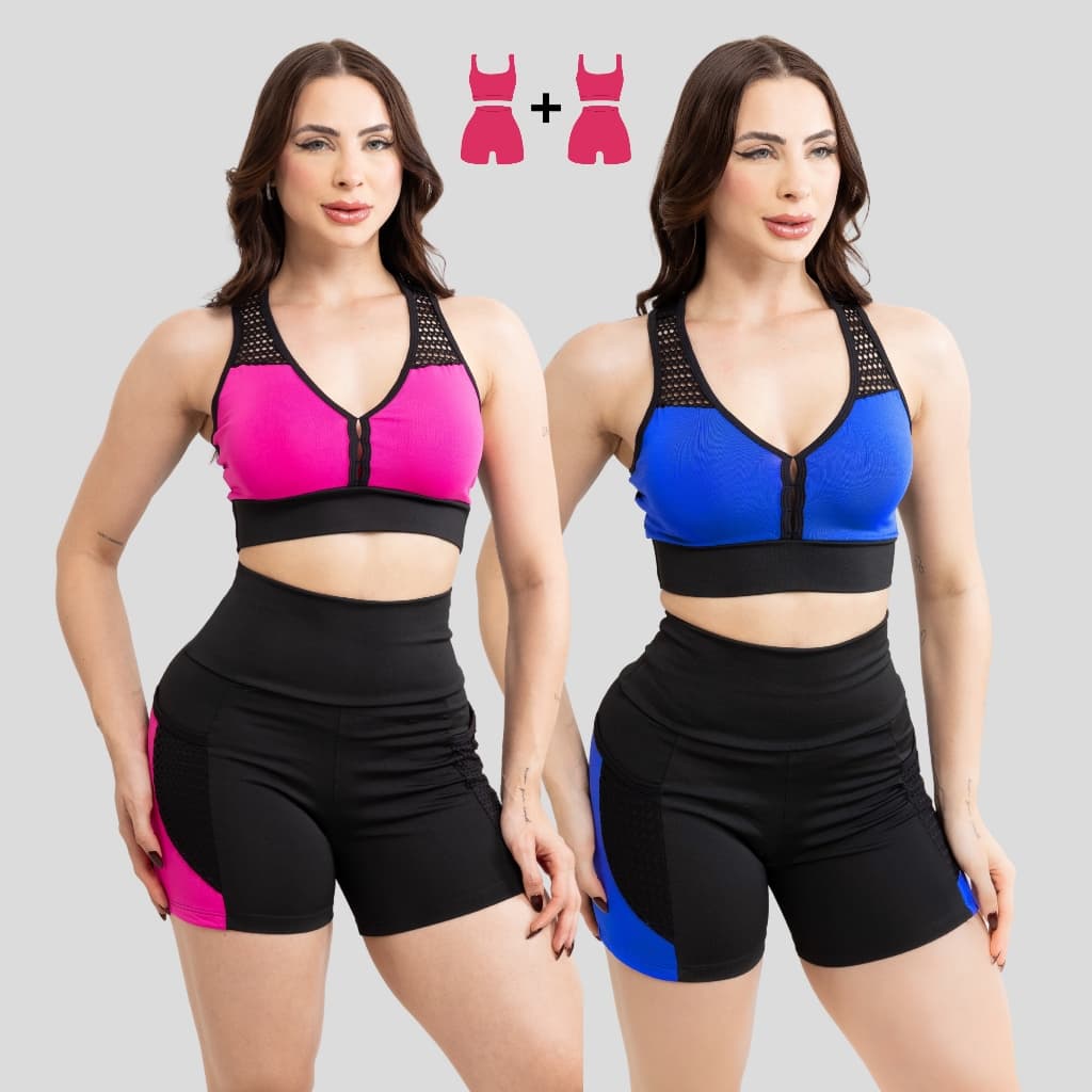 Kit 2 Conjuntos Femininos de Academia Short Cintura Alta e Top