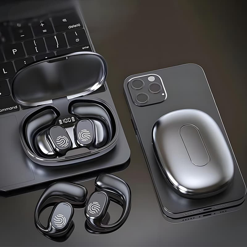 Fone TWS Clip com Condução Óssea, Bluetooth 5.3, Display Digital e Cancelamento de Ruído -B8