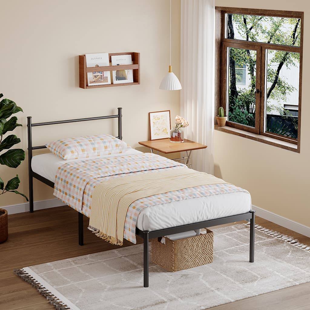 Cama de Solteiro e Casal Estrado de Metal Dobrável Fácil de Montagem Com Criado-Mudo Incluso Ripas de Aço Antiderrapante