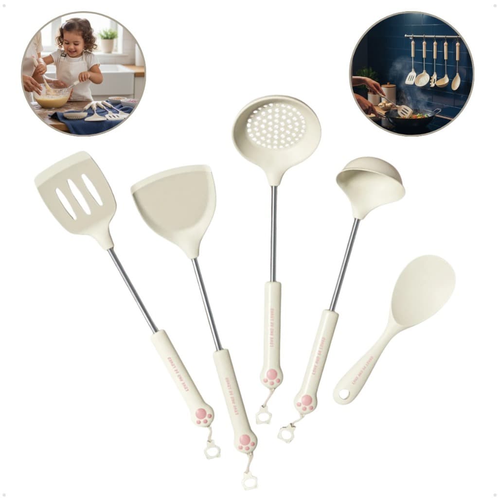 Kit Utensílios Cozinha 5 Peças Em Silicone E Aço Inoxidável * Brinde Garrafa Térmica *