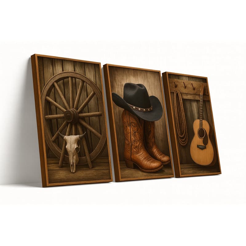 Kit 3 Quadros Decorativos Modernos Elegantes Cowboy Botina Violão Boiadeiro Fazendeiro Peão 3 peças