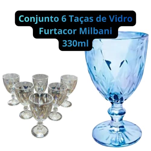 KIT 06 Taças de Vidro Furtacor Milbani 330ml: efeito iridescente que reflete luzes