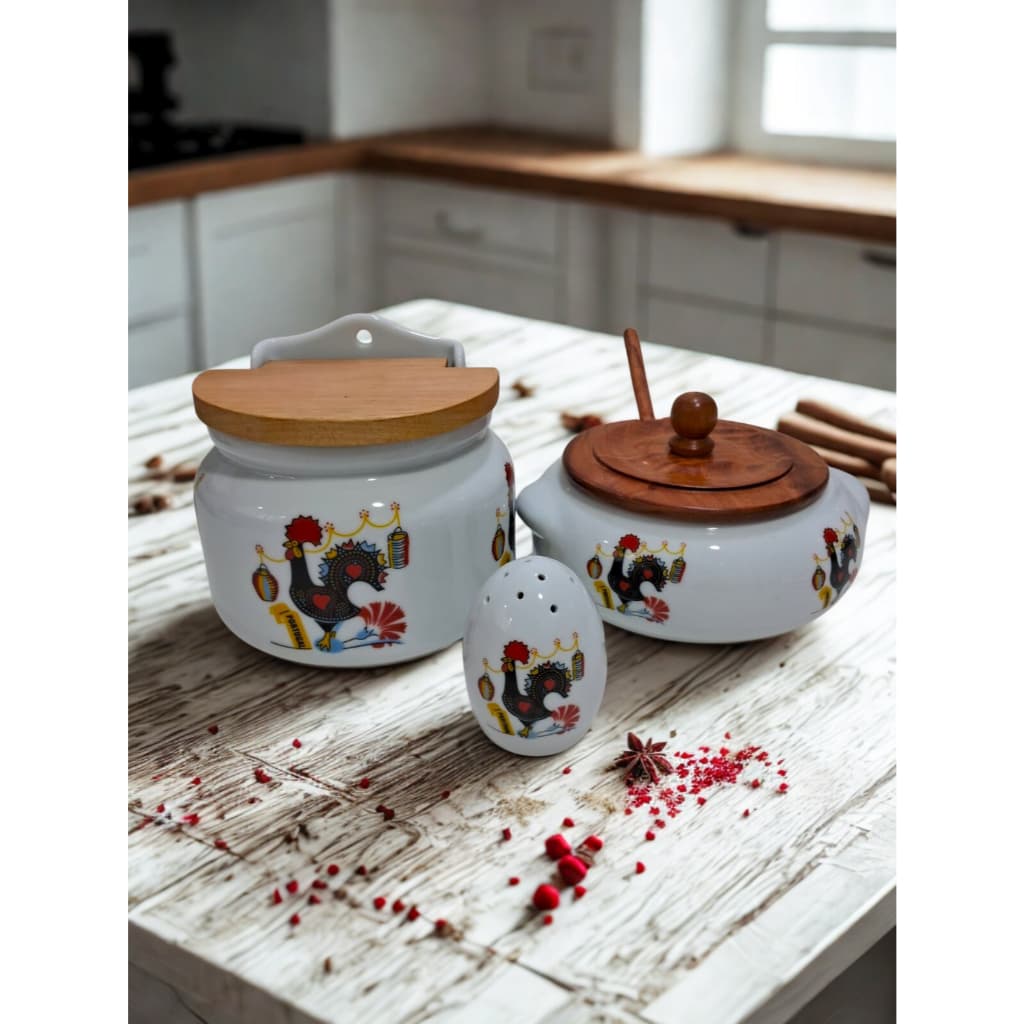 Kit saleiro de bancada - farinheira - saleiro de mesa - porcelana - decoração Galo Português