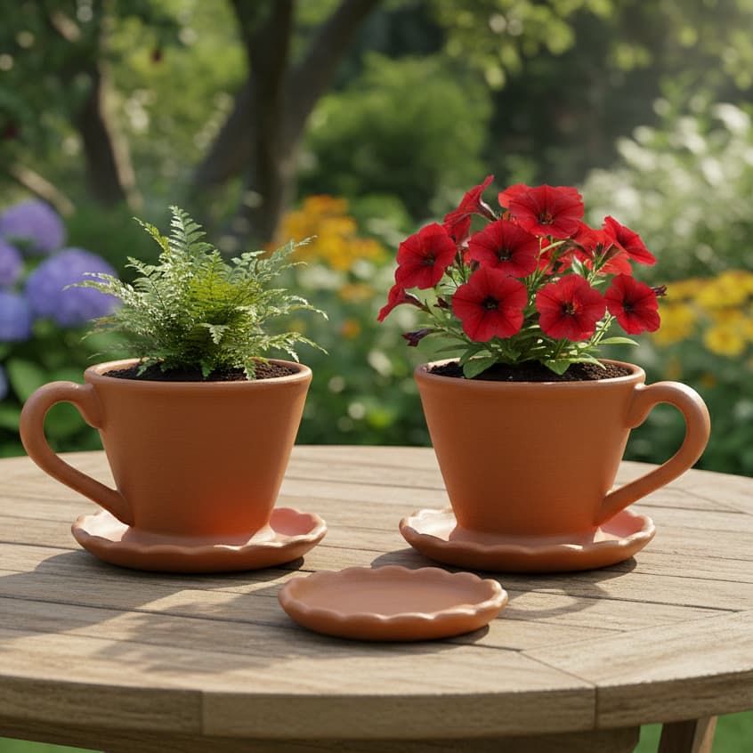 Vaso de Barro Xícara com Prato Kit 2 Unidades para Flores e Plantas