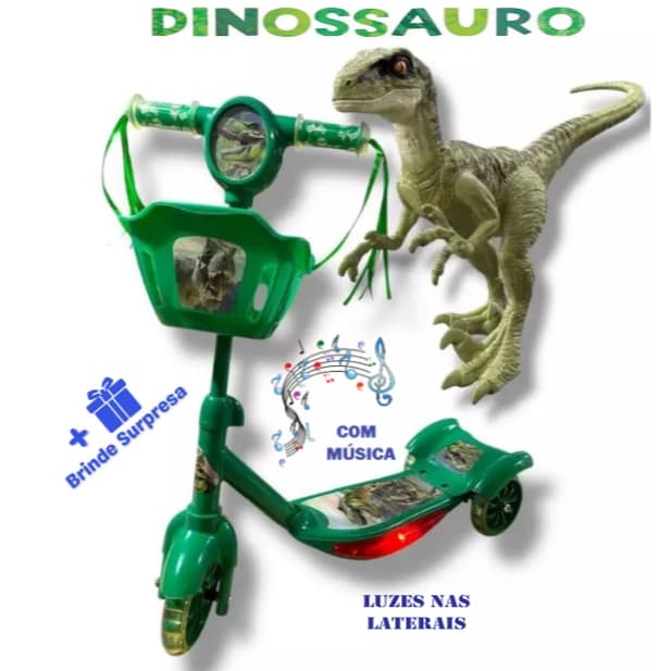 Patinete Infantil Menino Dinossauro Verde Dino Com Música Luz Freio Cesta Altura Ajustável 3 Rodas