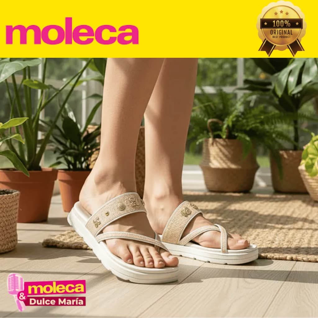 Rasteira Moleca Feminina Dulce Maria Detalhes em Dourado Casual Elegante Calor Verão Papete Original