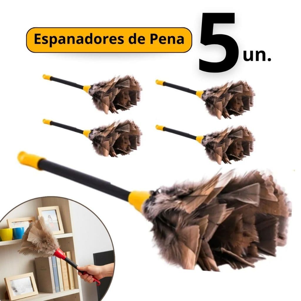 Kit 5 Espanador De Pó Pena Limpa Poeira Longo Casa Limpeza