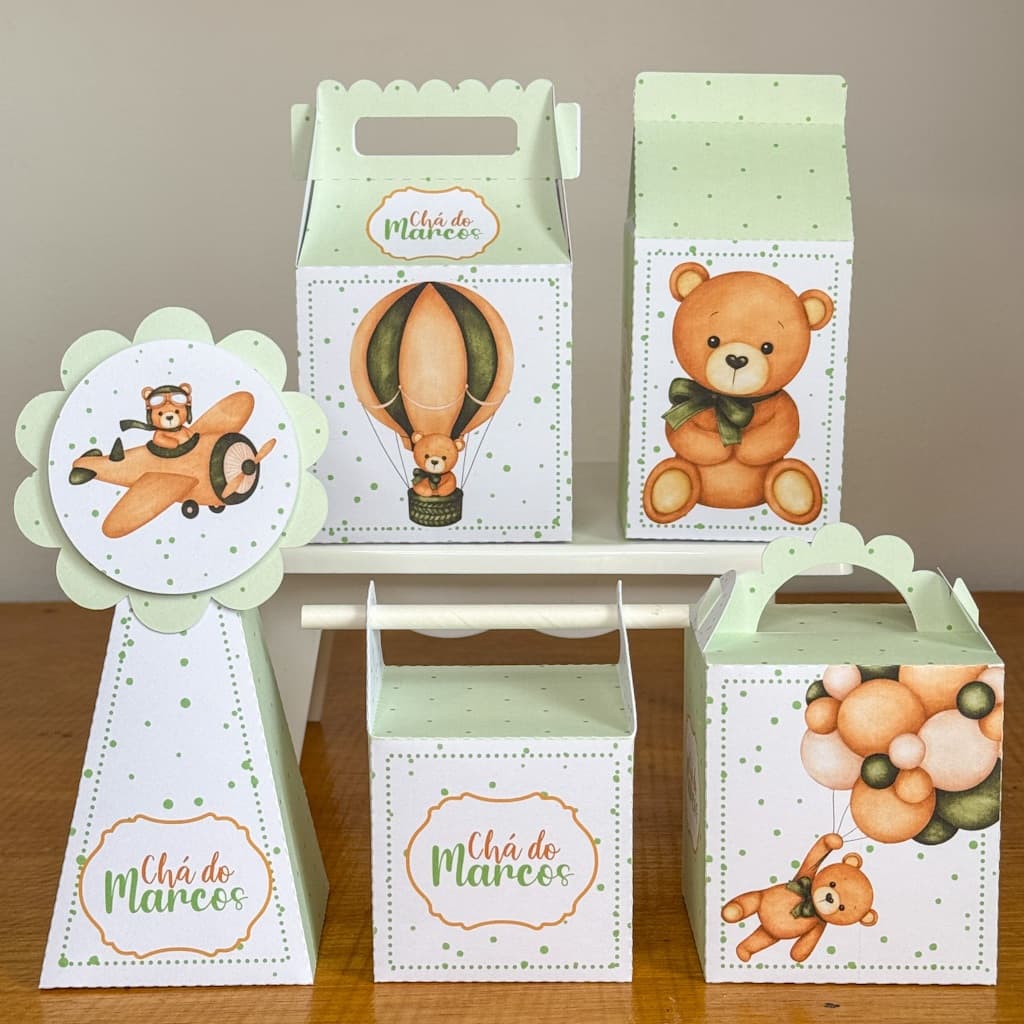 Kit Festa Chá De Bebê Ursinho Menino Papelaria Personalizada Caixinhas Caixa DESMONTADO