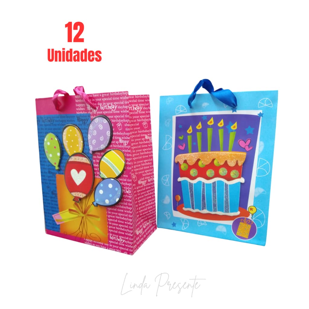 12 Sacola De Papel 18x23x8 cm Tema Aniversário Embalagem Para Presentes