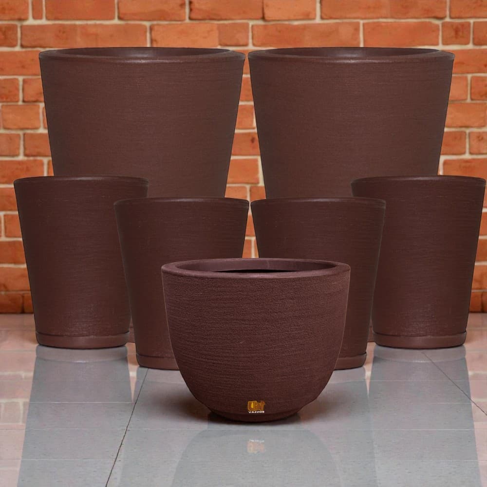 Kit Vasos P/Planta 4 Coluna Redonda Texturizada P N1 + 2 Colunas Redonda G N3 + Bojo Escovado M N2 C/Prato