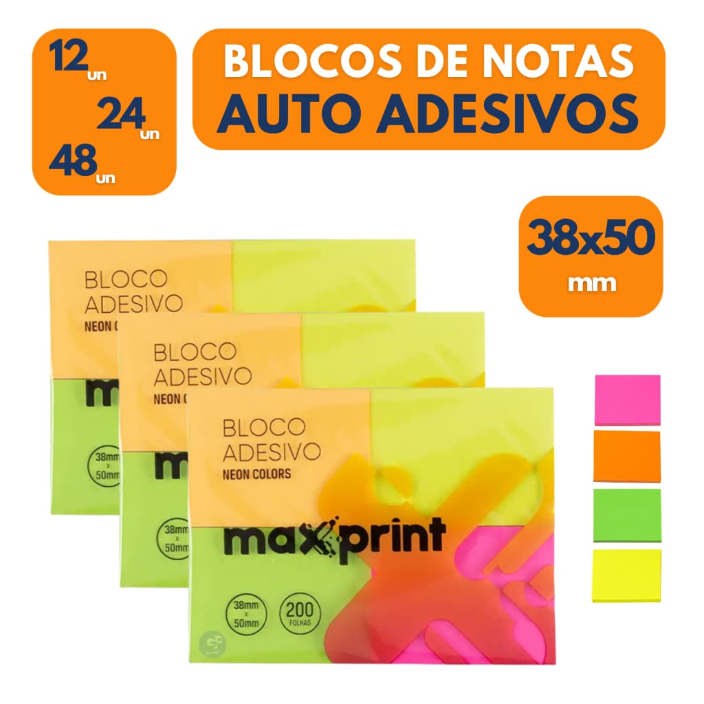 Bloco Auto Adesivo Neon Coloridos 38x50mm Maxprint Pack Econômico Nota Adesiva Escritório Desconto