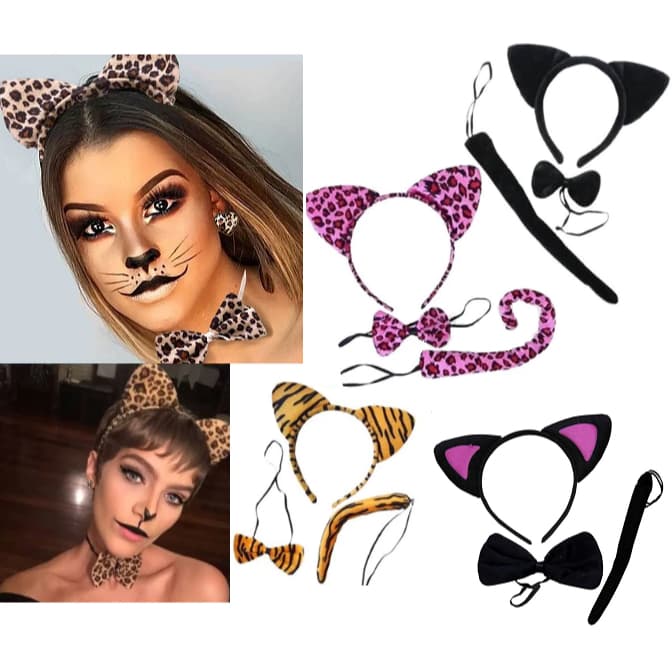 Kit Tiara Animal Oncinha Pelúcia Gravata Rabinho Cosplay Fantasia