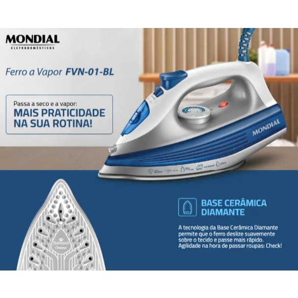 Ferro de Passar Roupas A Vapor Mondial Cerâmica Diamante 1200W FVN-01-BL Azul