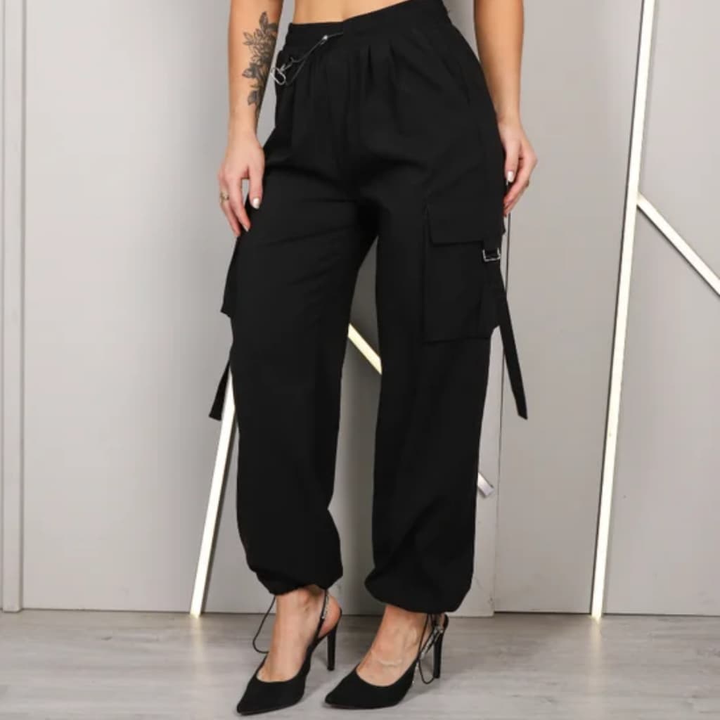 Calça Feminina Reta Cargo Slouchy Lycra Parachute Bolso Cintura e Bainha com Elástico Bolsos Viscose