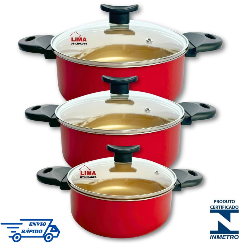 Jogo De Panela Antiaderente com Tampa Vidro 3 Peças N16 18 20 Caçarola Teflon Vermelho com Dourado