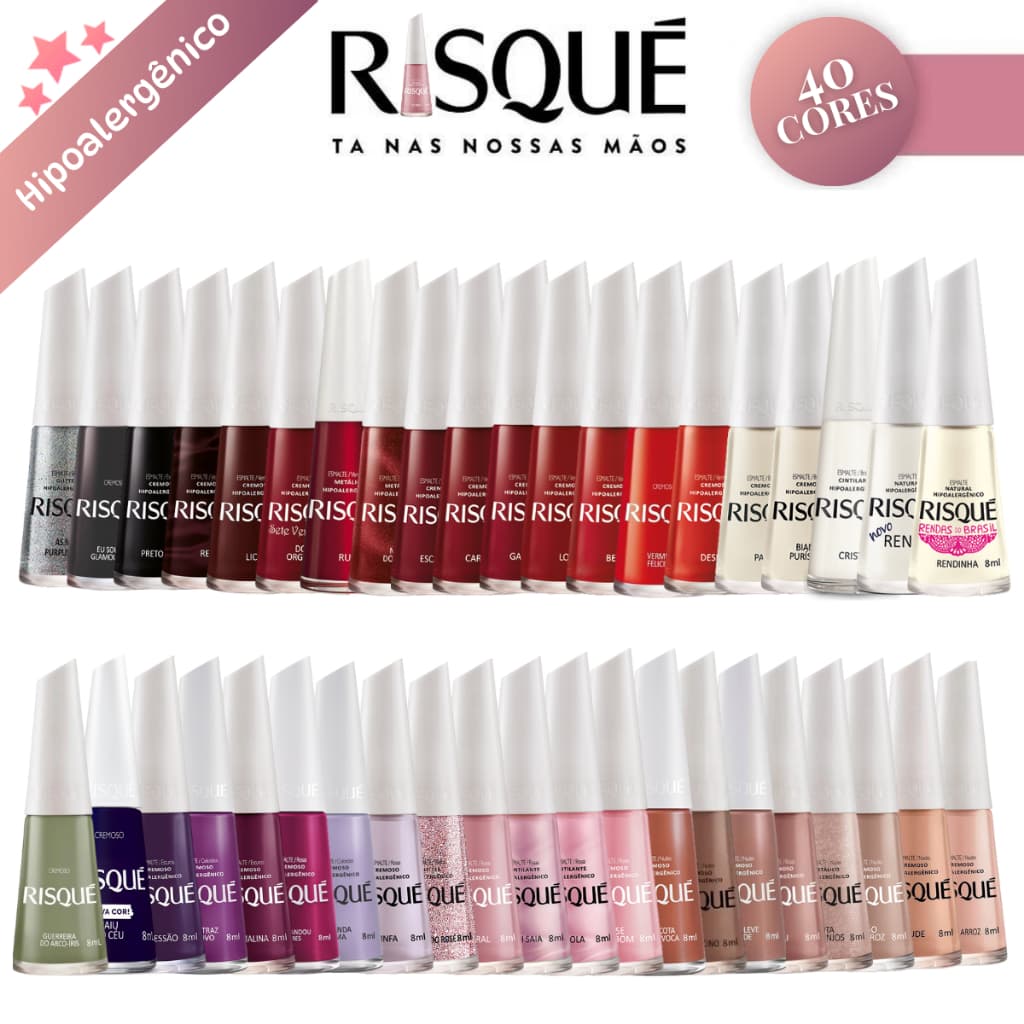 RISQUÉ KIT 40 ESMALTES DIFERENTES SORTIDOS HIPOALERGENICOS ATACADO