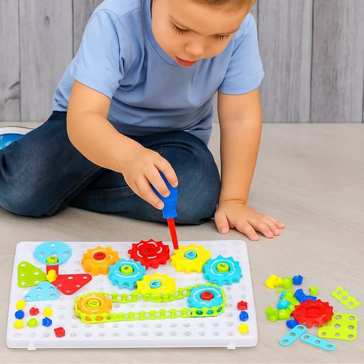 Kit Brinquedo Educativo de Montar Quebra-Cabeça Engrenagens Ferramentas Infantil 98 Peças Didático