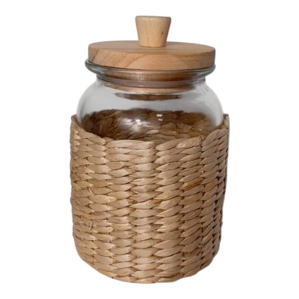 Pote de Vidro Revestido em Fibra de Palha Redondo C/TP Hermetica Madeira/Bambu 900ml